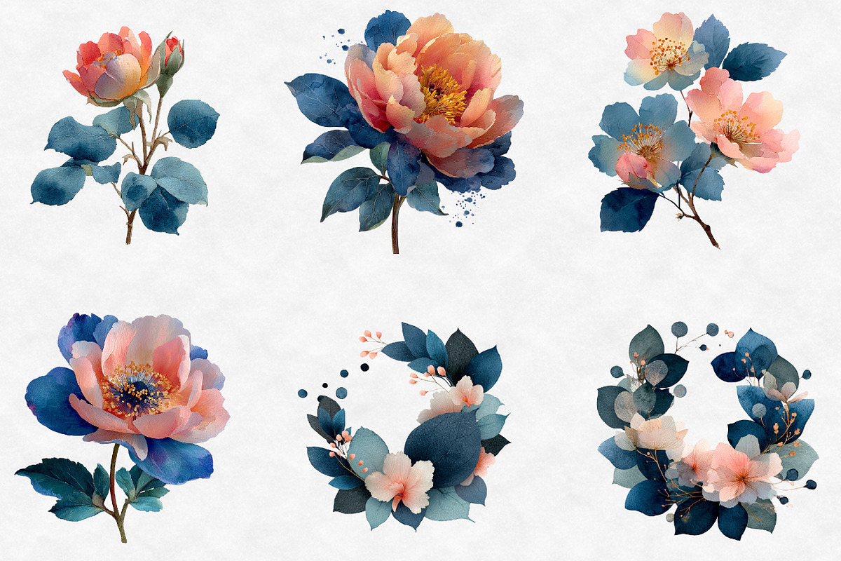 Watercolor Blush and Blue Leaves Flo, an Illustration by Designworld (Photo 3 of 6)