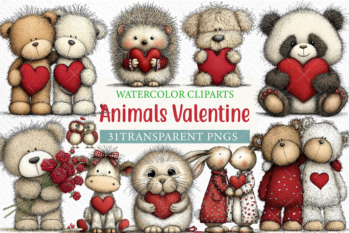 Watercolor Animals Valentine Clipart, an Illustration by Craft Nest (Photo 1 of 9)
