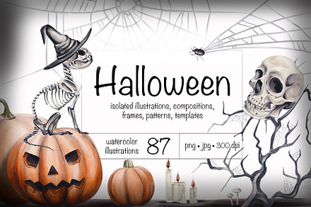 Halloween pumpkins and skeletons