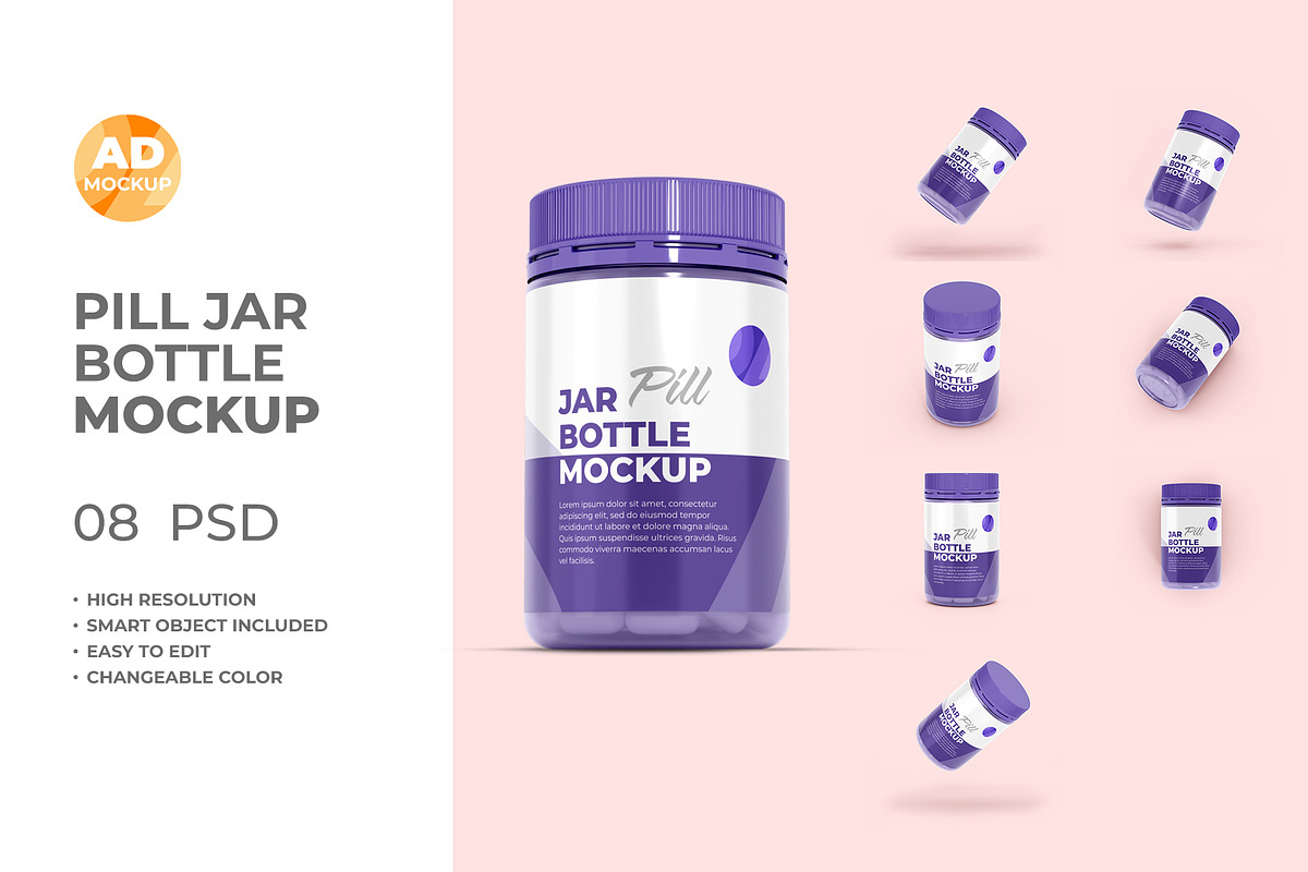 Pill Jar Bottle Mockup (08 PSD), a Packaging Mockup by Adstart (Photo 1 of 3)