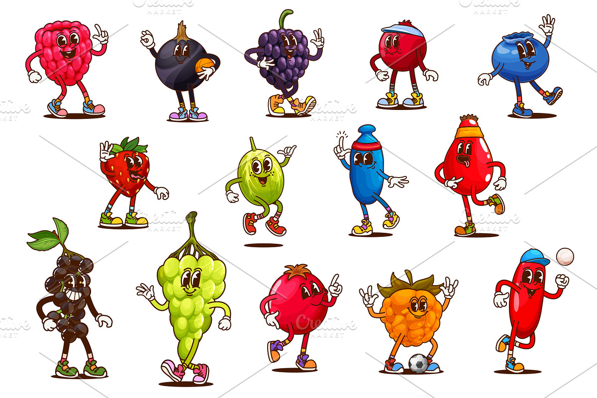 Cartoon groovy berry characters, a Food Illustration by Vector Tradition