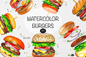 Watercolor Burgers Clipart, a Food Illustration by DiashaArt