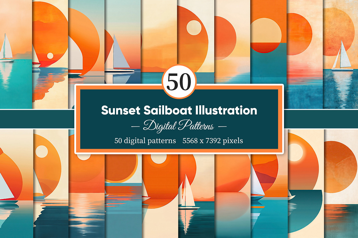 Sunset Sailboat Illustration, a Decorative Illustration by Housui Patterns (Photo 1 of 9)