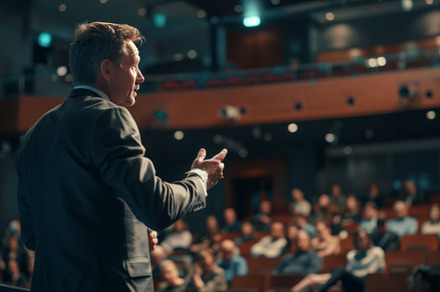 Speaker addressing audience at business conference, an Abstract Photo by Natalia Klenova's Shop