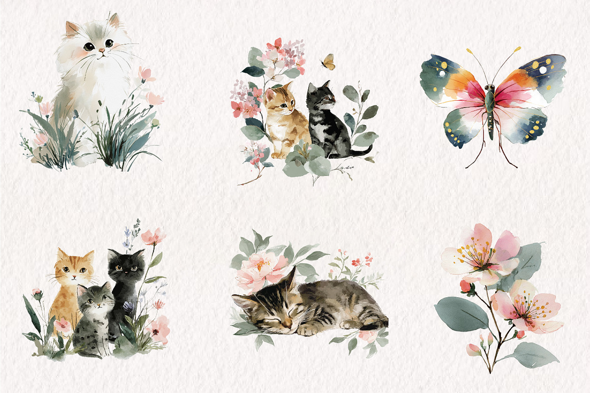 Whimsical Kittens Clipart Set, a Seasonal Illustration by CreationArt (Photo 2 of 7)
