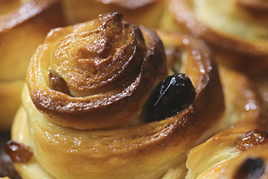 Close-up of freshly baked cinnamon rolls with raisins., a Food & Drink Photo by Textures & Backgrounds