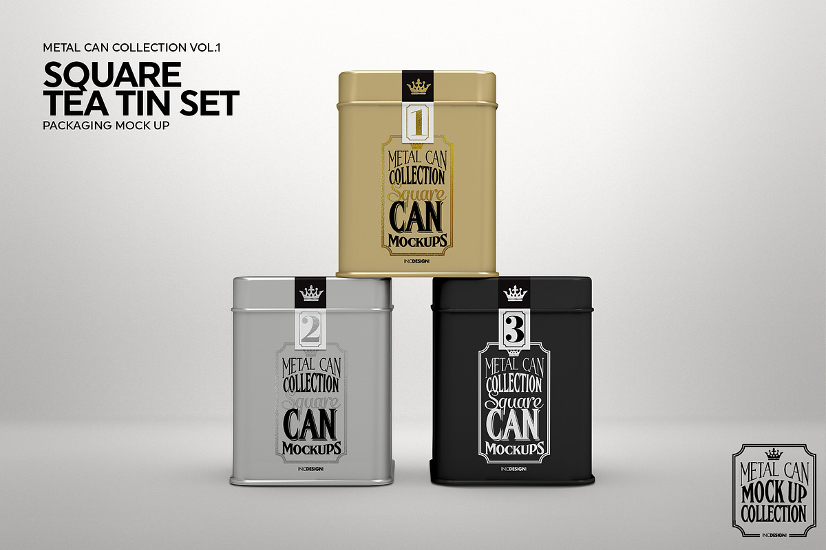 Square Tea Tin Set Packaging Mockup, a Cups & Container Mockup by INCDesign (Photo 4 of 6)