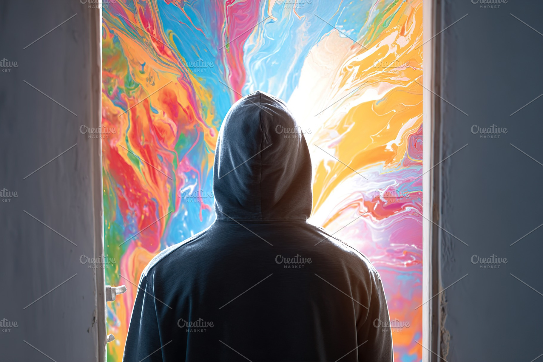 Man in a hoodie stands before an open door revealing a vibrant, colorful portal, a Person Photo by AlyaAnd