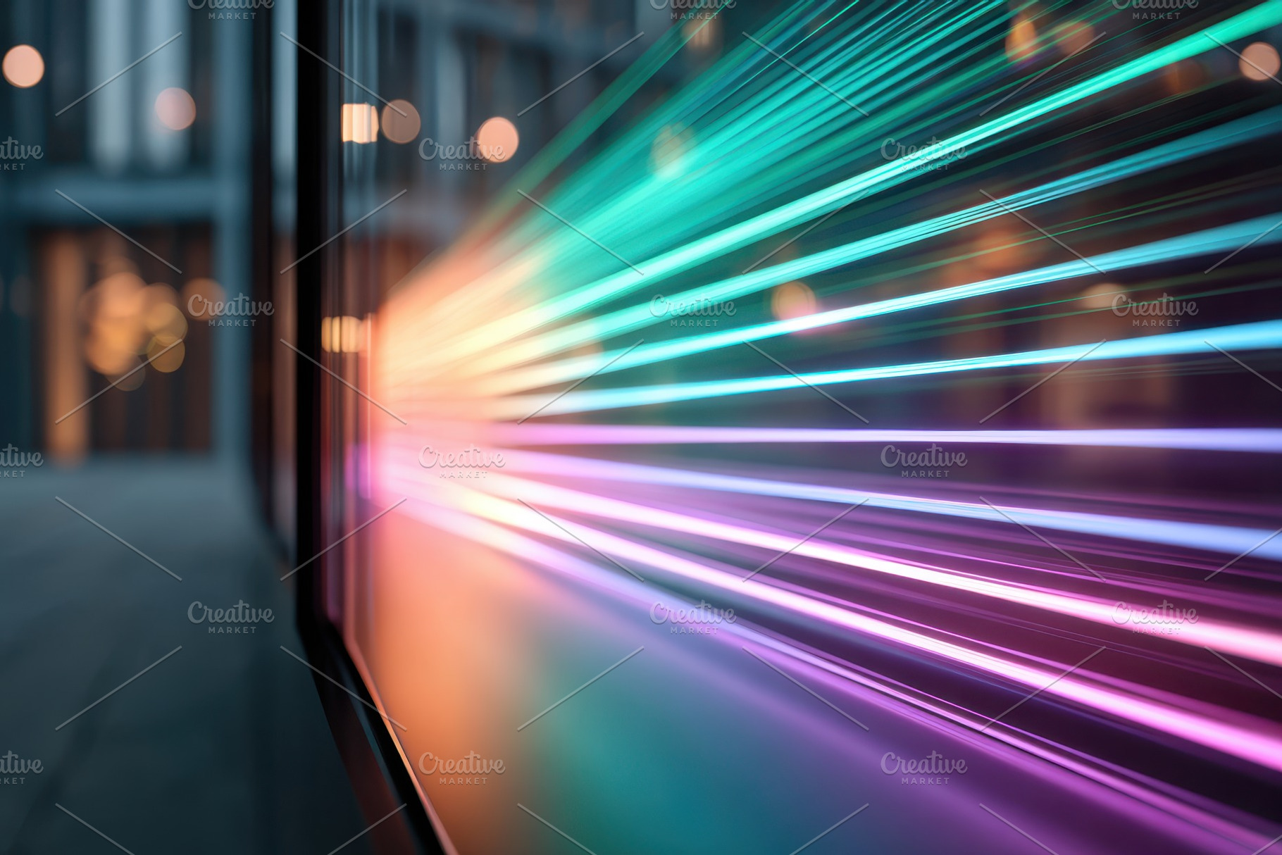 Vibrant light beams reflecting in modern space, an Abstract Photo by AlyaAnd