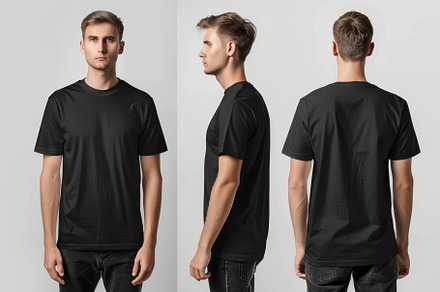The model presents a simple black t-, a Photo by Tanuart