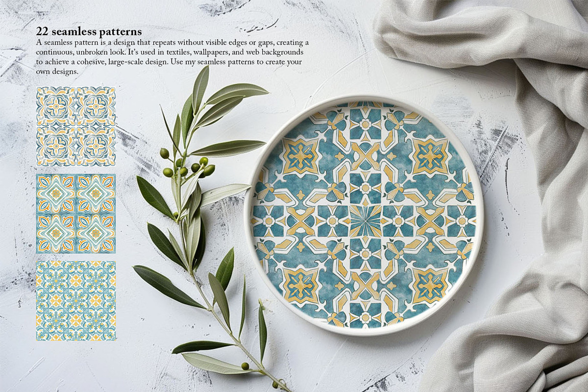 Azulejos watercolor tiles & Patterns, a Pattern Graphic by Jenny Quince (Photo 3 of 12)