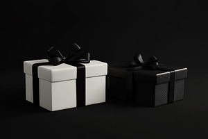 Elegant black and white gift boxes w, a Photo by Tanuart