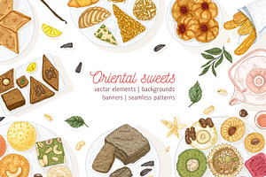 Oriental sweets set + backgrounds, a Food Illustration by Good Studio