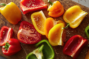 Ripe and sliced peppers on wooden board, a Food & Drink Photo by AlyaAnd