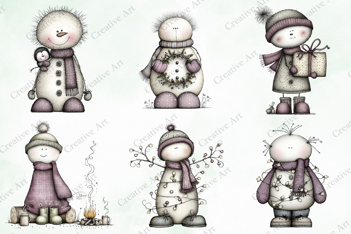 Whimsical Christmas Snowman Clipart, an Illustration by Creative Art (Photo 5 of 10)