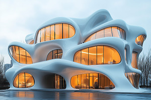 Beautiful futuristic facade of house building, an Architecture Photo by AlyaAnd