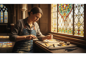 Woman in a denim apron meticulously, an Architecture Photo by Igor Tichonow