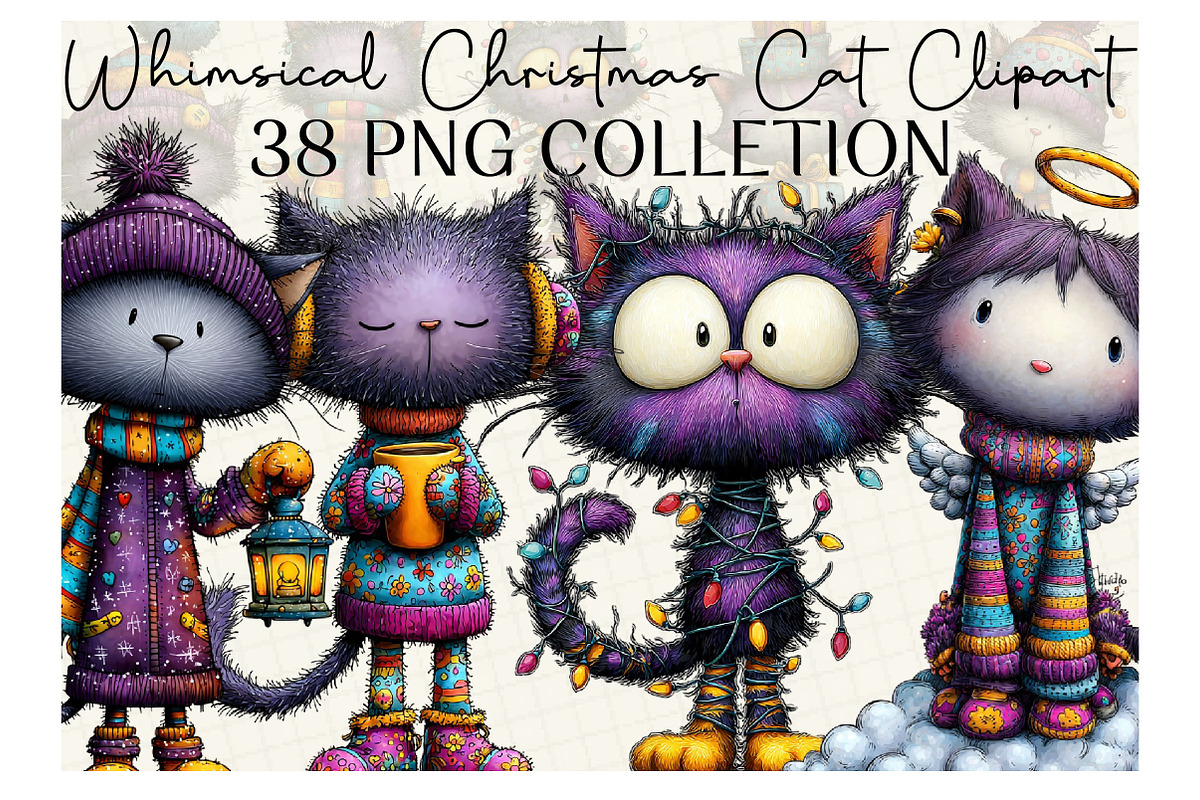 Whimsical Christmas Cat Clipart, an Illustration by DreamCafeArt (Photo 1 of 6)