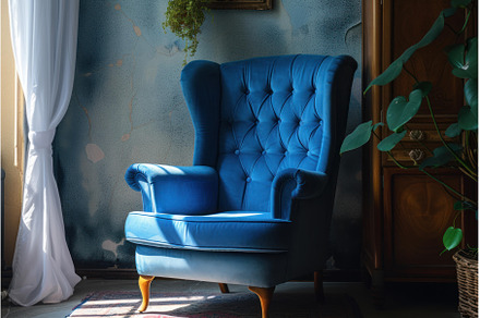 Vintage blue velvet armchair in, an Arts & Entertainment Photo by Ylivdesign