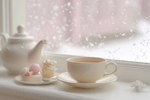 Cozy winter tea time by window with falling snow, hot drink, ket, a Photo by Studio ANNA