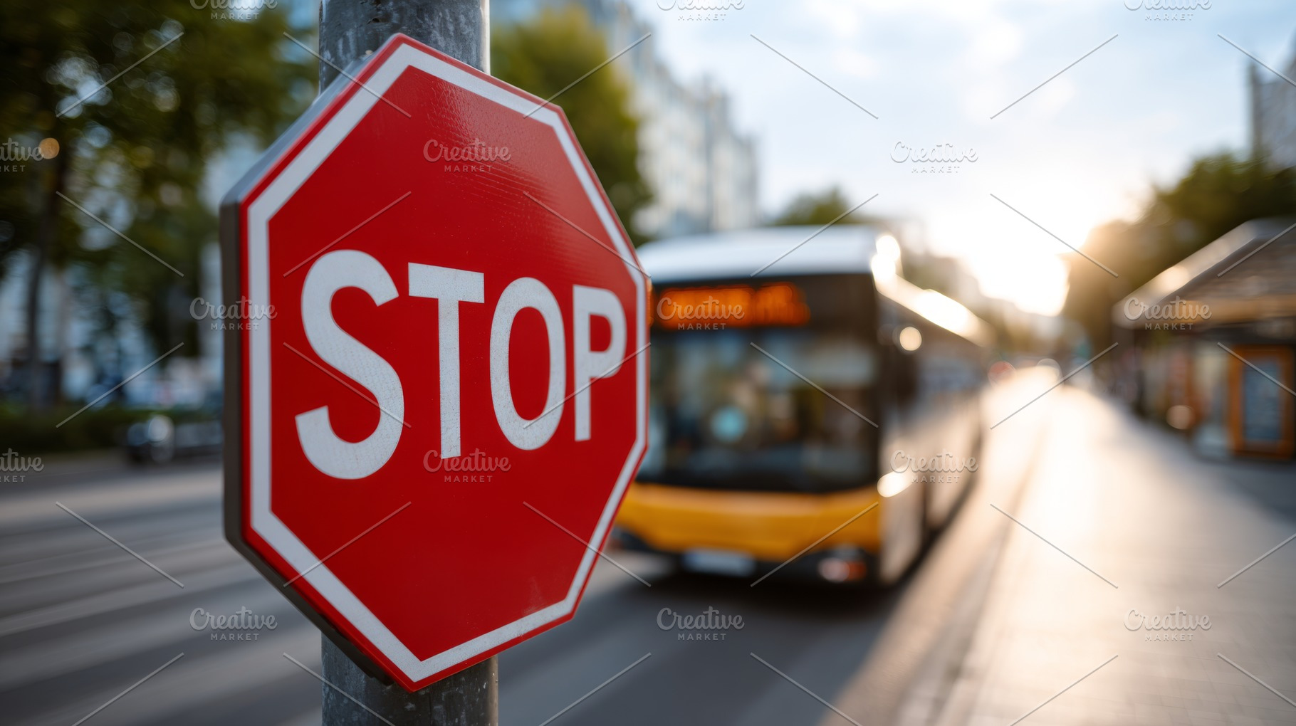 A close-up of a red stop sign with a blurred bus in the background during golde, a Person Photo by ImageMir