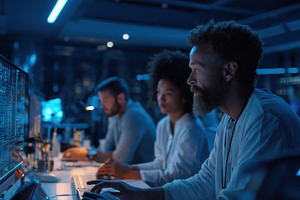 A group of diverse professionals working intently at computers in a high-tech e, a Person Photo by Textures & Backgrounds