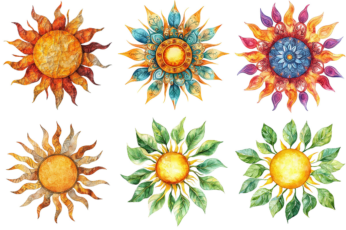 Watercolor Sun Designs for Summer, an Illustration by Pixels.Craft (Photo 4 of 7)