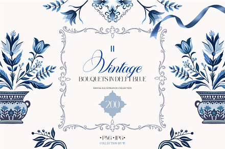 Vintage Bouquets In Delft Blue, a Decorative Illustration by Collection by VY