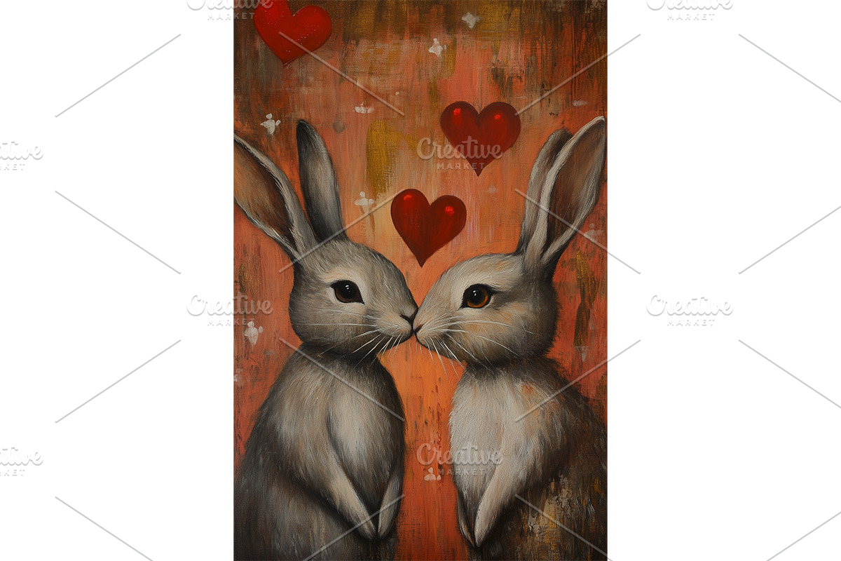 Rustic Bunny Couple with Red Hearts, an Animal Illustration by Art Paradise Studios