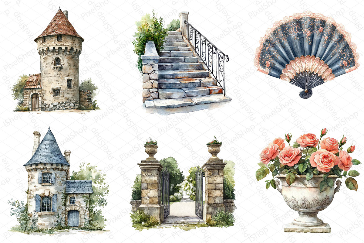 Watercolor Vintage French Chateau Se, an Illustration by DreamPrint404 (Photo 6 of 6)