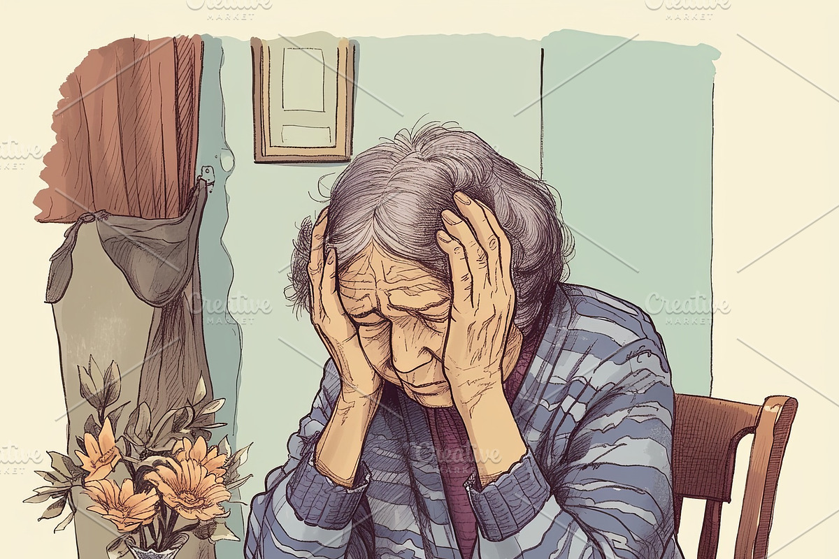 Elderly woman distressed over documents at table with flowers and teacup, an Illustration by AS photostudio