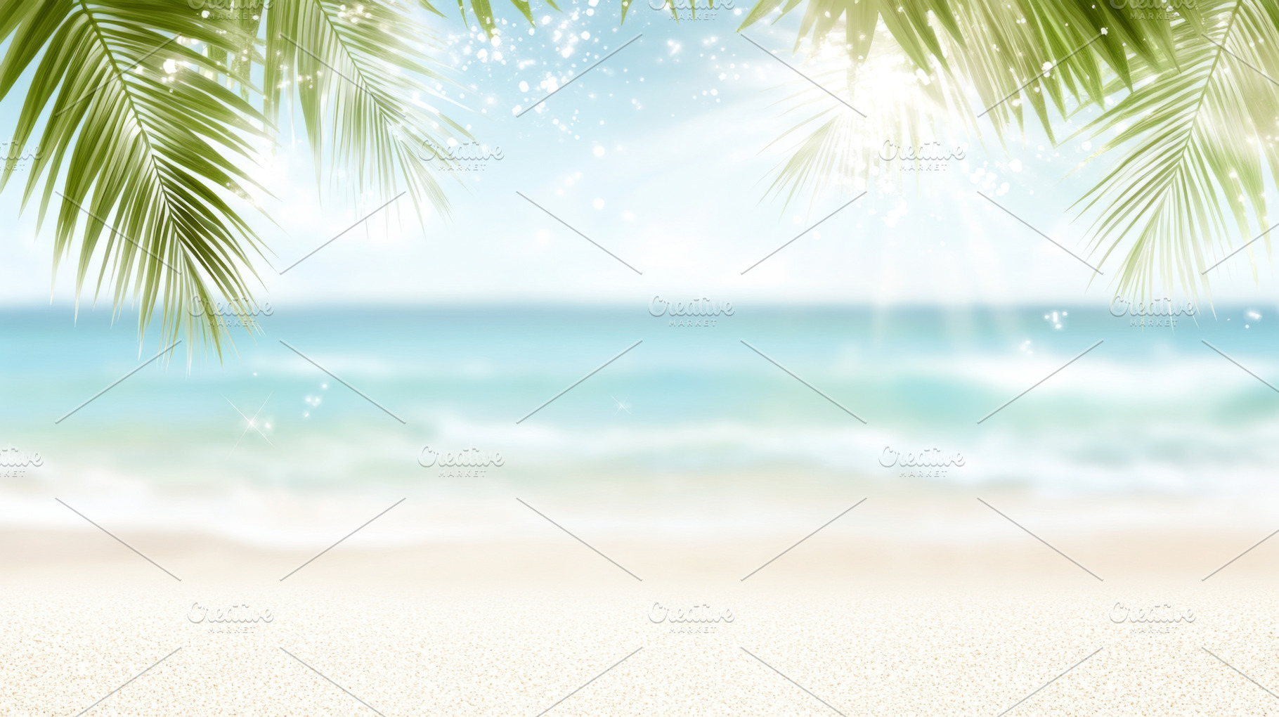Blurred tropical beach with palm lea, a Photo by Dvoevnore photos