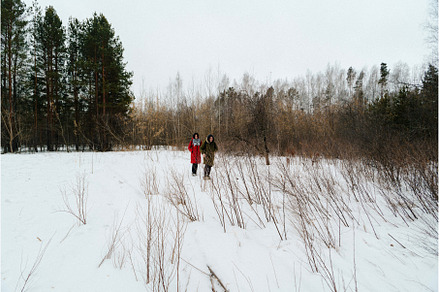 Friends enjoying a winter walk in a