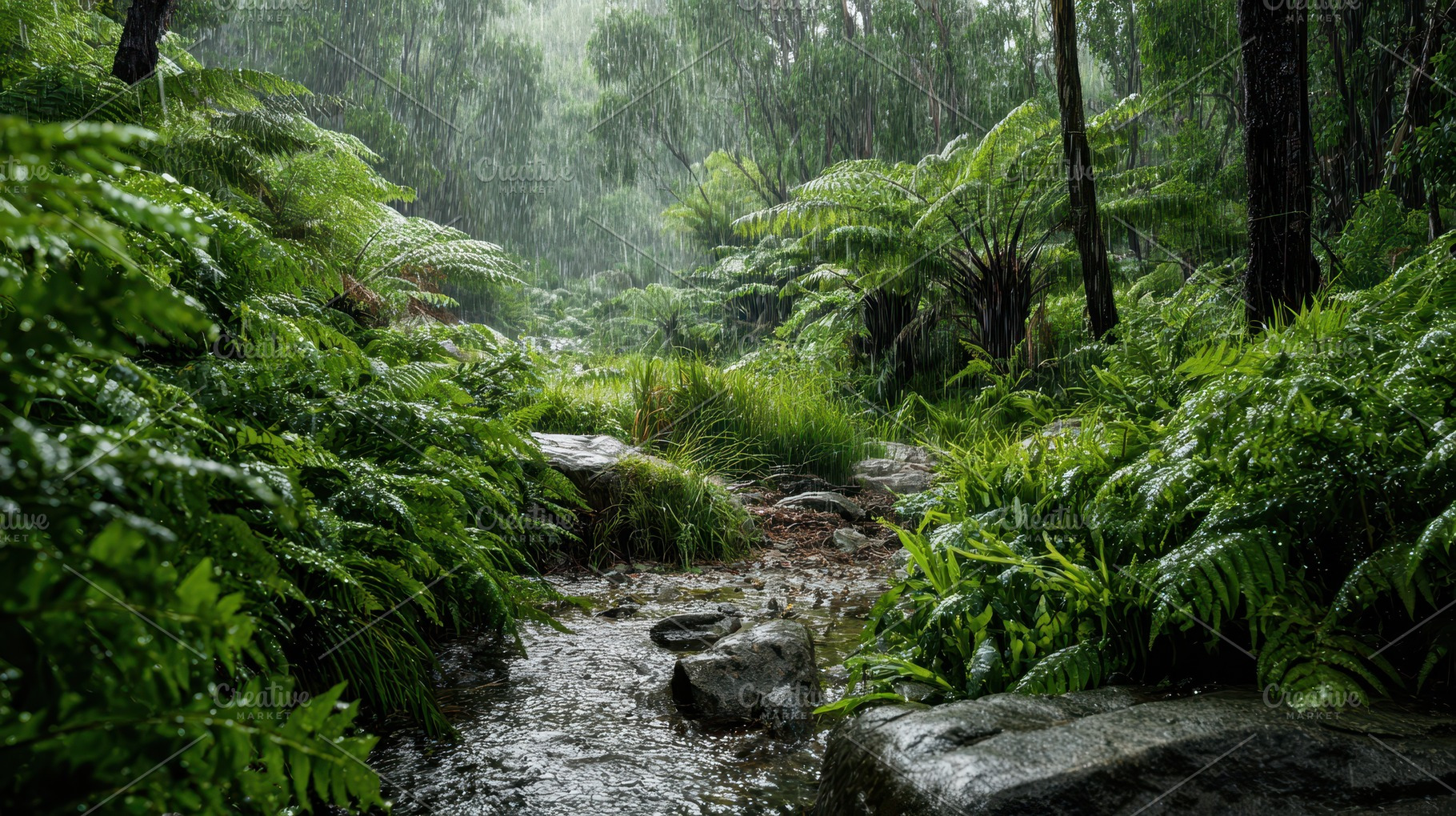 Rain falls on a lush forest, a Photo by Pavel_design