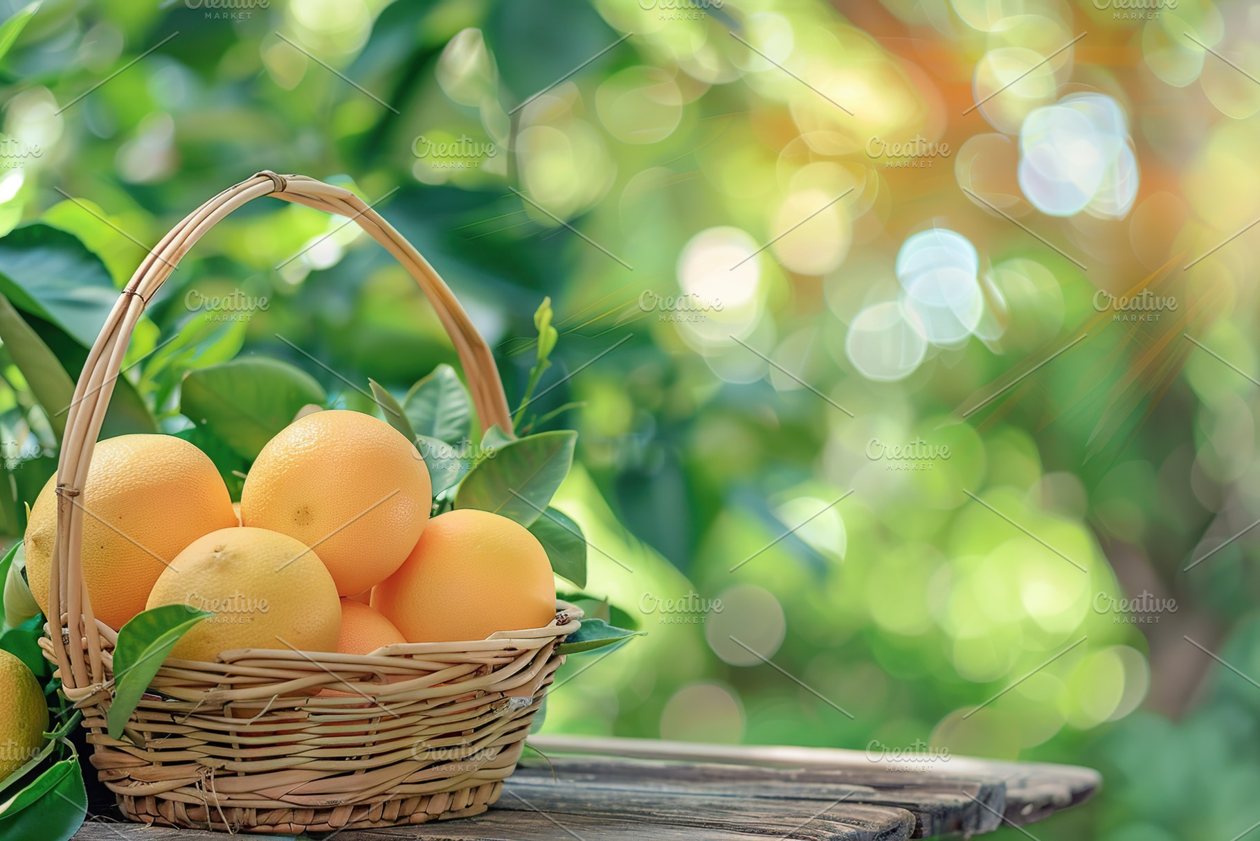Fresh and tasty grapefruits with green leaves on blurred green background, a Food & Drink Photo by AlyaAnd