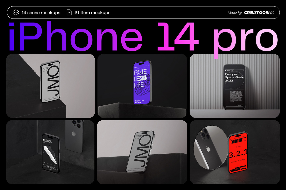 iPhone 14 pro mockups - v1, an iPhone Mockup by Creatoom (Photo 1 of 12)