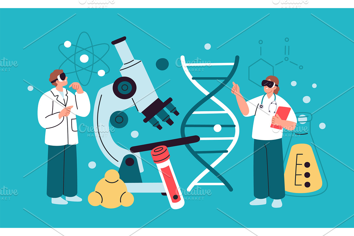 Augmented reality. Scientists with, an Illustration by YummyBuum