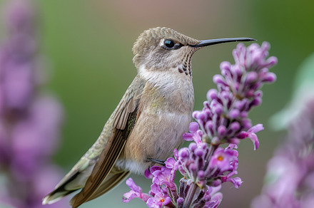 Close-Up of a Hummingbird Perched on Vibrant Purple Flowers in Natural Setting, a Photo by AS photostudio