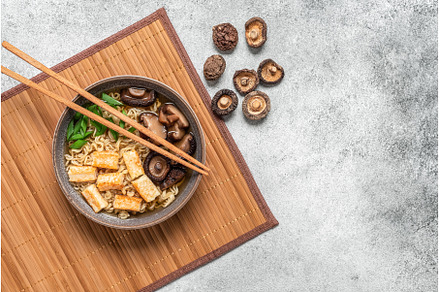 Asian vegan ramen soup with noodles