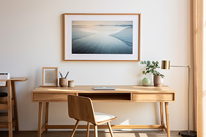 Wooden desk in a minimalist sunny home space, a Photo by zakiroff