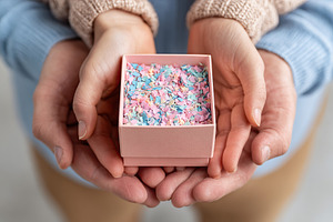 Parents' hands gently holding a small pink box filled with colorful confetti, a Photo by AlyaAnd