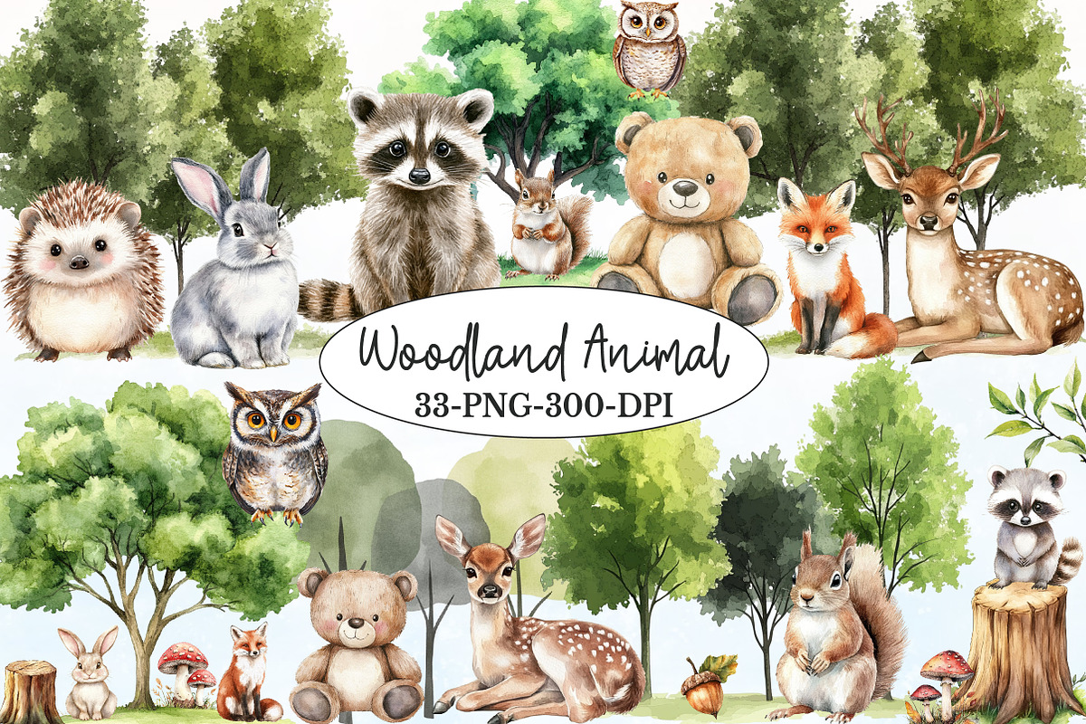 Watercolor Woodland Animal Clipart, an Illustration by Rose Art (Photo 1 of 4)
