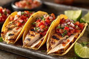 Delicious grilled chicken tacos with fresh salsa served on a rustic wooden plat, a Food & Drink Photo by AlyaAnd