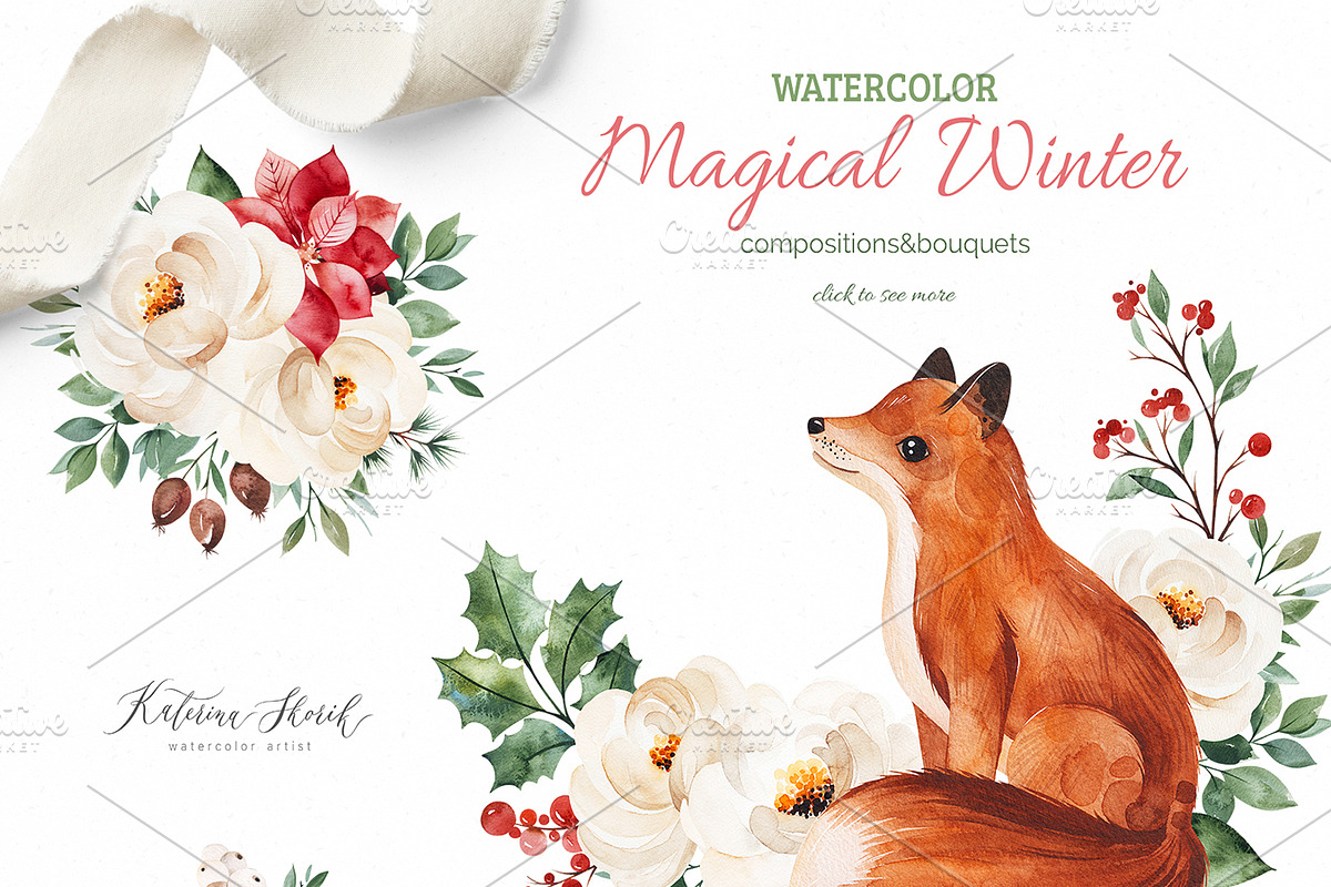 Magical Winter.Watercolor collection, an Animal Illustration by Kate_Rina (Photo 4 of 7)