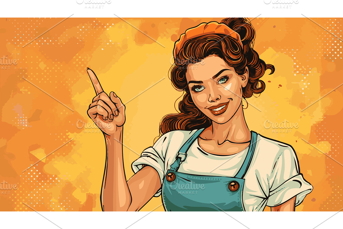 Retro Woman Pointing Up with Smile, a Person Illustration by AlexArt