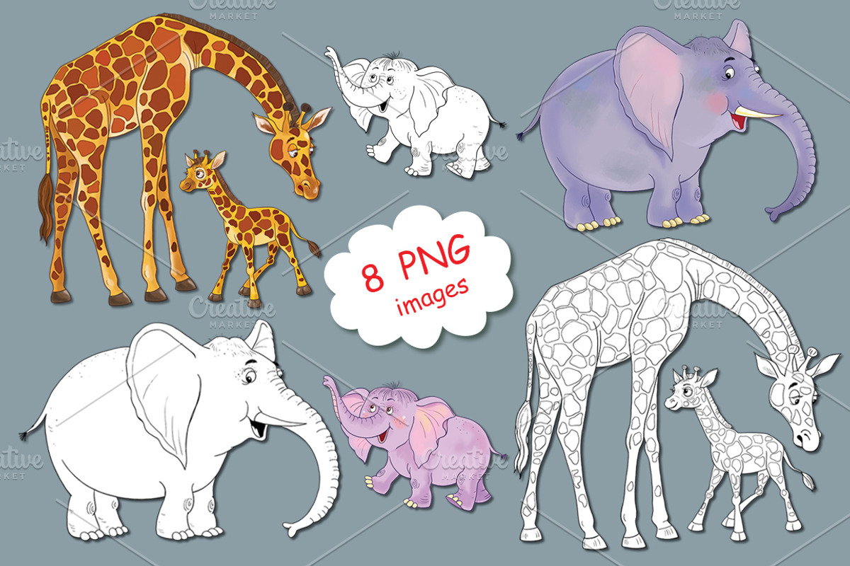 Elephant and Giraffe. Coloring pages, an Animal Illustration by Haso (Photo 3 of 4)