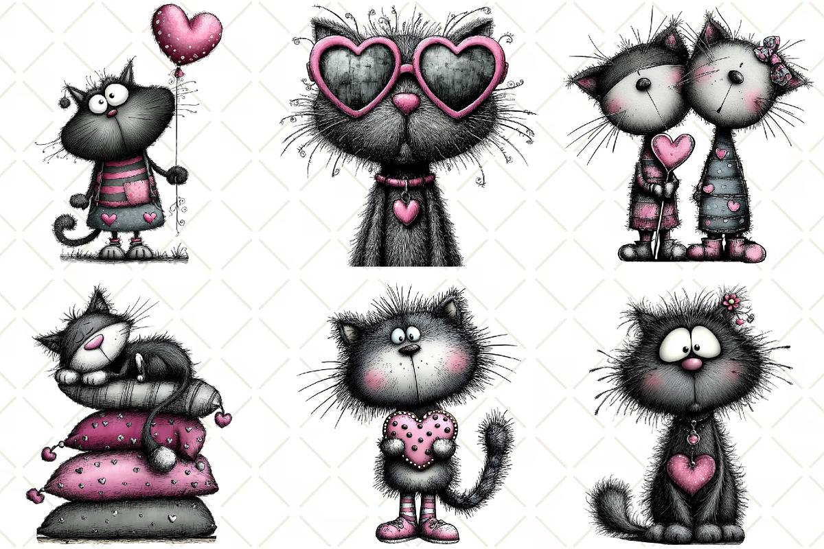 Whimsical Valentines Cat Clipart, an Animal Illustration by Black Bird Studio (Photo 2 of 6)