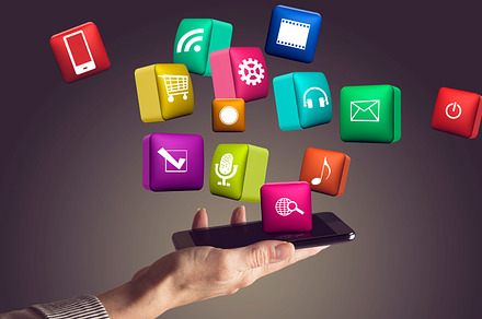 Hand holding phone with media icons featuring app, cloud, and concept, a Technology Photo by SZ IMAGE