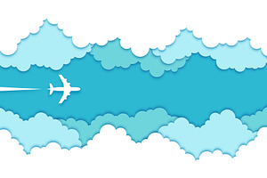 Top view paper cut plane in clouds, a Transportation Illustration by Vector Tradition