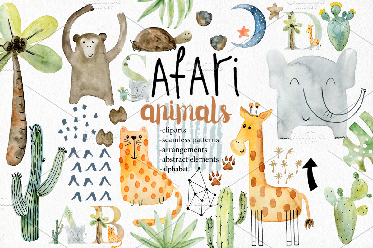 Watercolor safari clipart. Alphabet., an Animal Illustration by TaPilipa (Photo 1 of 13)